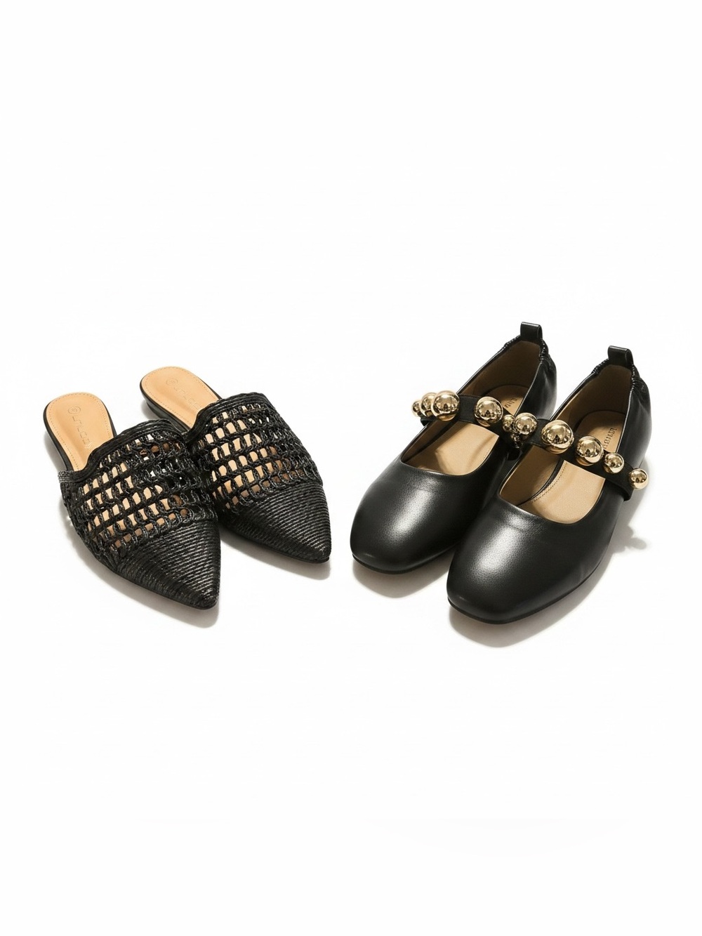 Bundle Deal🔥 Black Woven Pointed Flats & Black Mary Jane Flats with Gold Accent